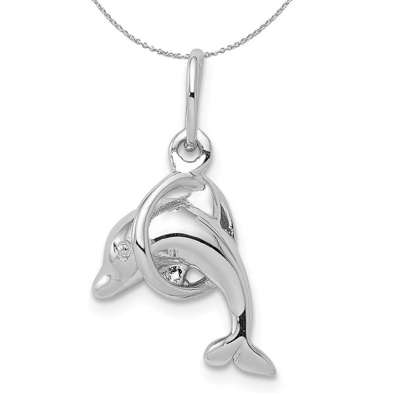Silver Small 3d Polished Dolphin And Hoop Charm Necklace - 24 In